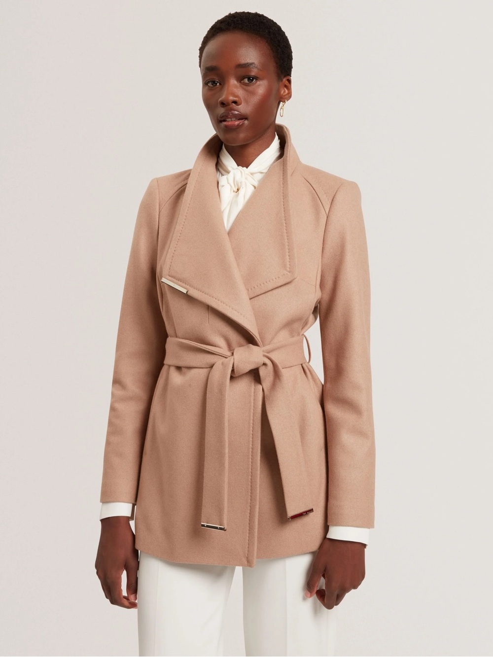 Ted Baker Rosess Short Belted Wool Wrap Coat Size 1 (US 4) Camel Luxury Jacket